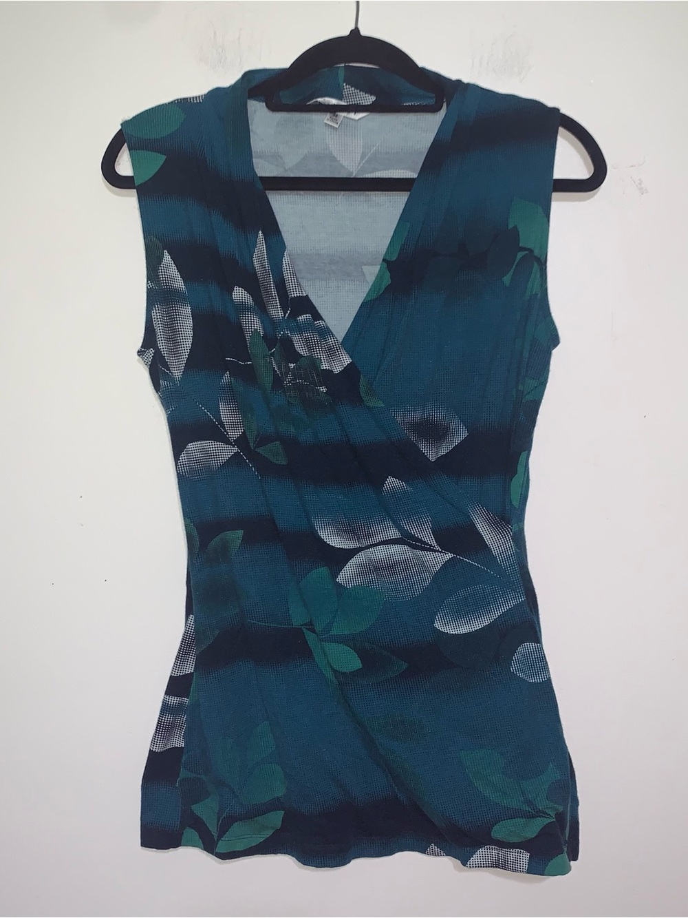 CAbi Teal and Dark Green Floral Faux-Wrap Sleeveless Top